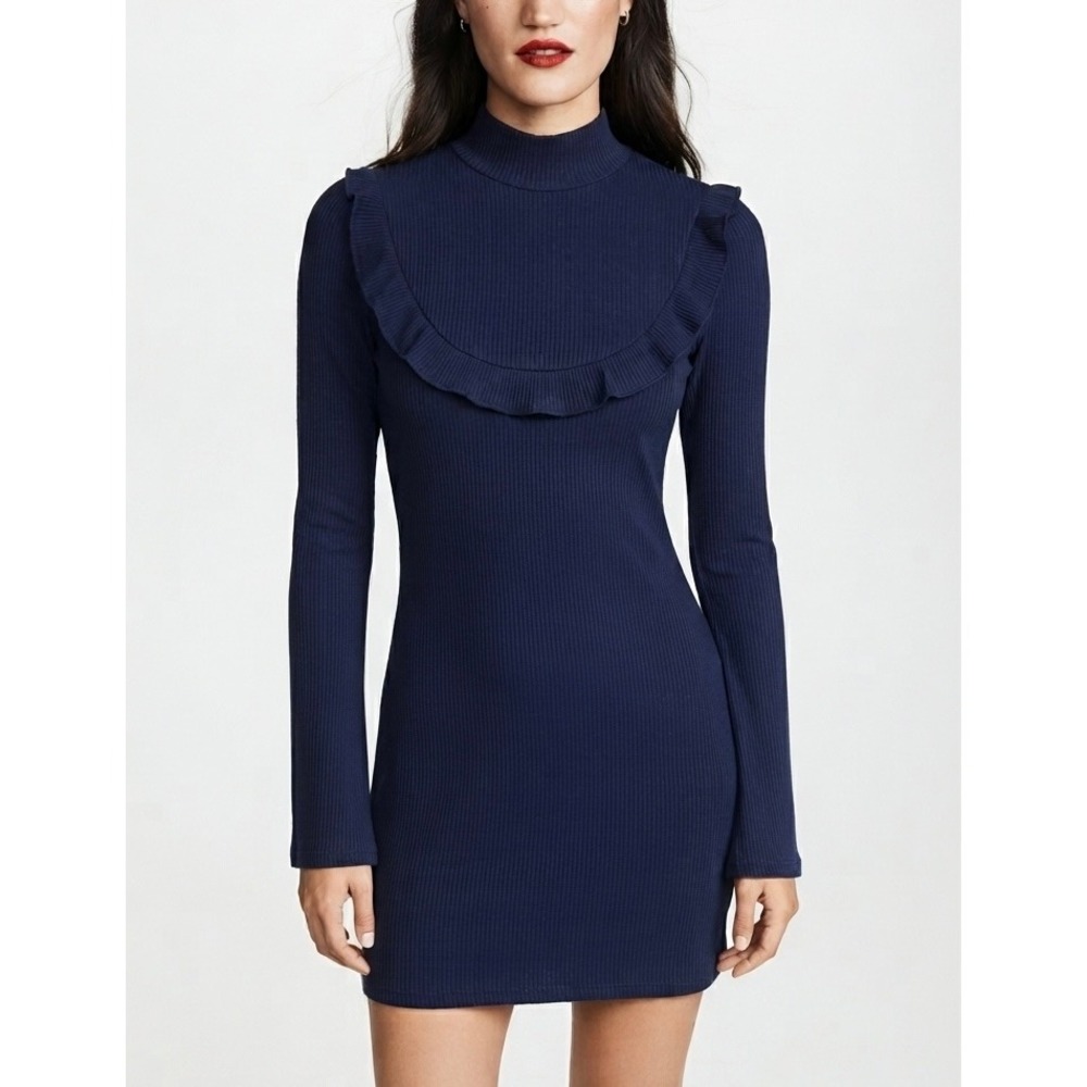 Reformation Mock Neck Ribbed Mini Dress Navy Blue Women Size XS Long Sleeve